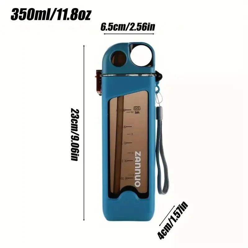 350ml sports water bottle in blue with measurement markings and carrying strap