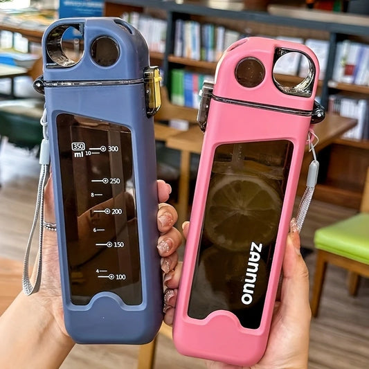 Blue and pink 350ml sports water bottle with measurement markings and carrying strap by Clarify.pk