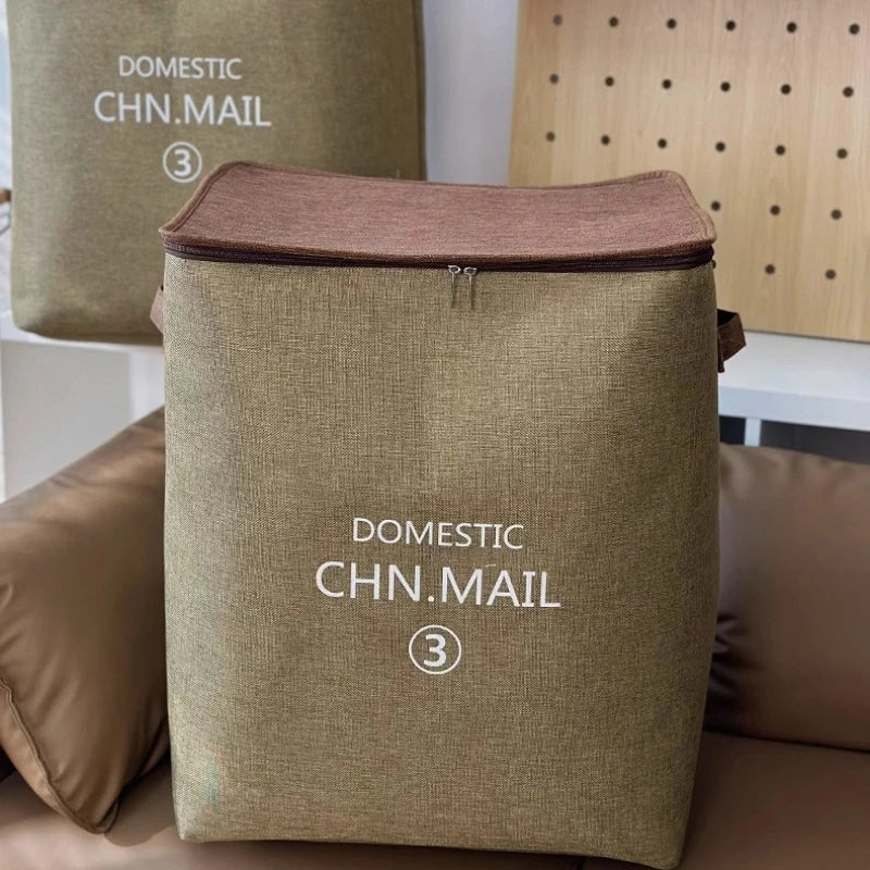 Clarify.pk zippered fabric storage bags in brown and beige with printed CHN.MAIL text for organized storage