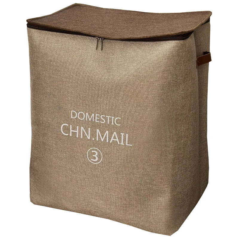 Beige Clarify.pk zippered fabric storage bags with printed text and top zipper closure