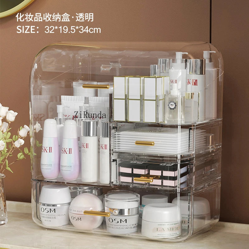 Clear acrylic cosmetics storage box by Clarify.pk with multiple compartments organizing skincare products