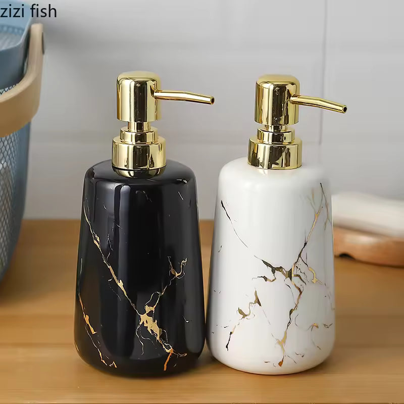 Clarify.pk portable soap dispensers in black and white with premium marble design soap dispenser and gold pump