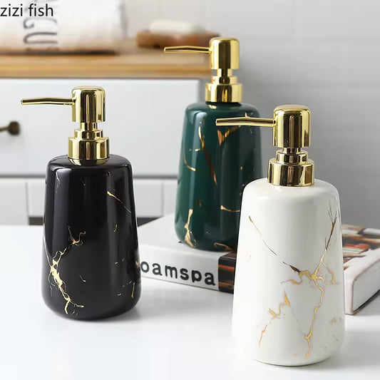 Set of three portable soap dispensers in black white and green with gold pumps featuring premium marble design soap dispenser