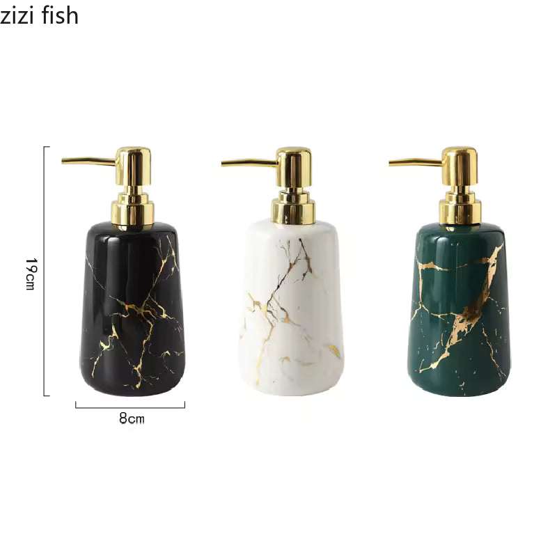Set of three portable soap dispensers with premium marble design soap dispenser style in black white and green