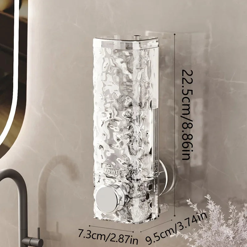 Premium wall mounted soap dispenser with hammered metal finish and clear measurements displayed