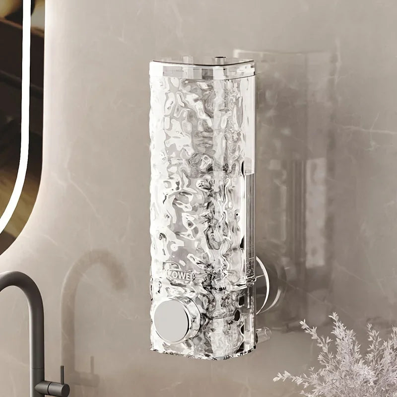 Premium wall mounted soap dispenser with textured silver finish installed on bathroom wall