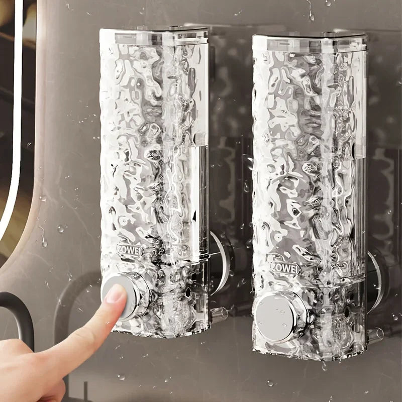 Premium wall mounted soap dispenser in chrome finish with water splashes and hand pressing button