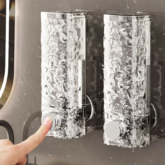Premium wall mounted soap dispenser in chrome finish with water splashes and hand pressing button